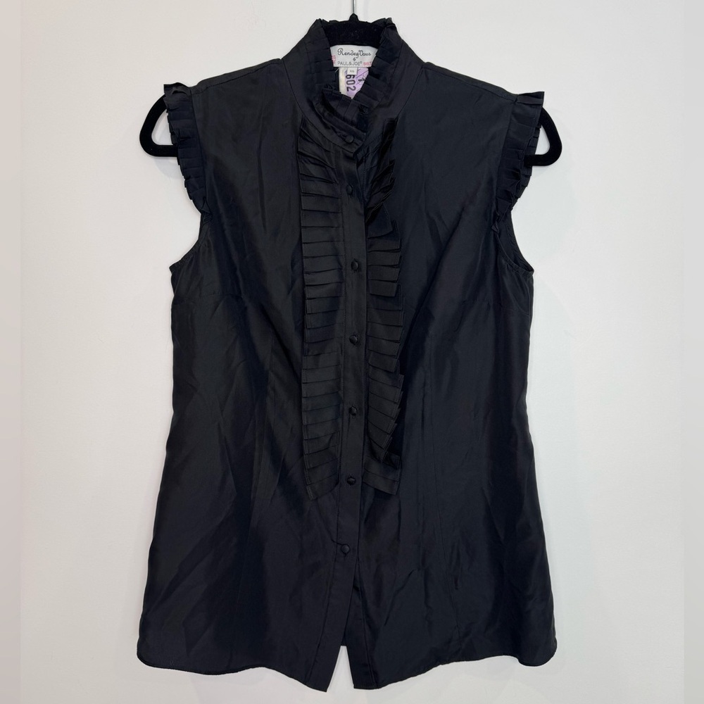 Paul & Joe sister rendez-vous Black Ruffle silk Front Blouse size xs